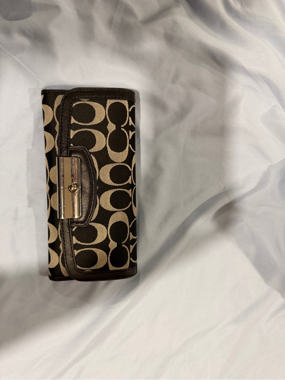 Coach Canvas Signature Brown and Khaki Trifold Wallet with Turnlock Accent